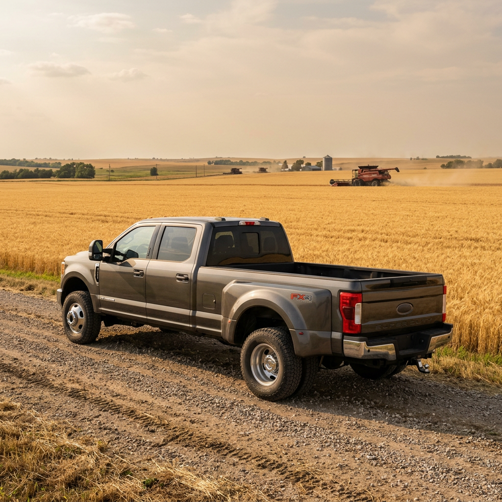 A gray Ford F-350 dual-rear-wheel pickup truck parked on a gravel path next to a golden wheat field with a combine harvester. (Representative image for illustration purposes only. Actual vehicle may vary based on trim and configuration.)