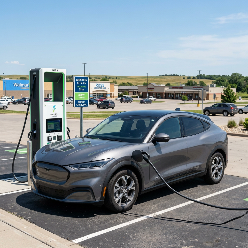 A gray Ford Mustang Mach-E charging at an Electrify America station in a shopping center parking lot. (Representative image for illustration purposes only. Actual vehicle may vary based on trim and configuration.)