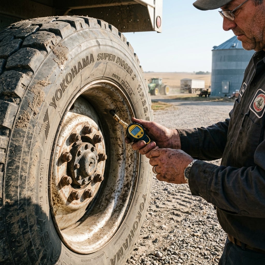 A man using a digital gauge to check tire pressure on a large truck tire in a farm gravel yard. (Representative image for illustration purposes only. Actual vehicle may vary based on trim and configuration.)