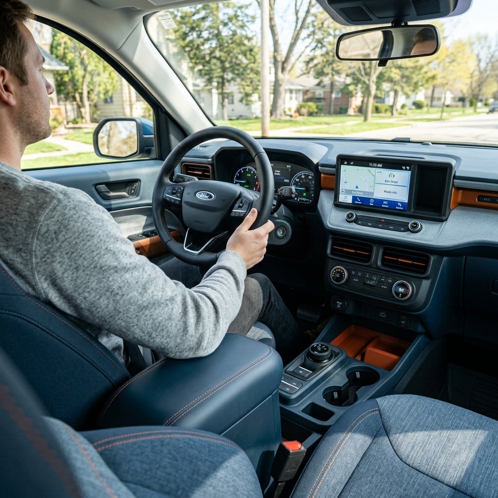 Man driving a modern truck with hands on the steering wheel, showing dashboard navigation screen and center console. (Representative image for illustration purposes only. Actual vehicle may vary based on trim and configuration.)