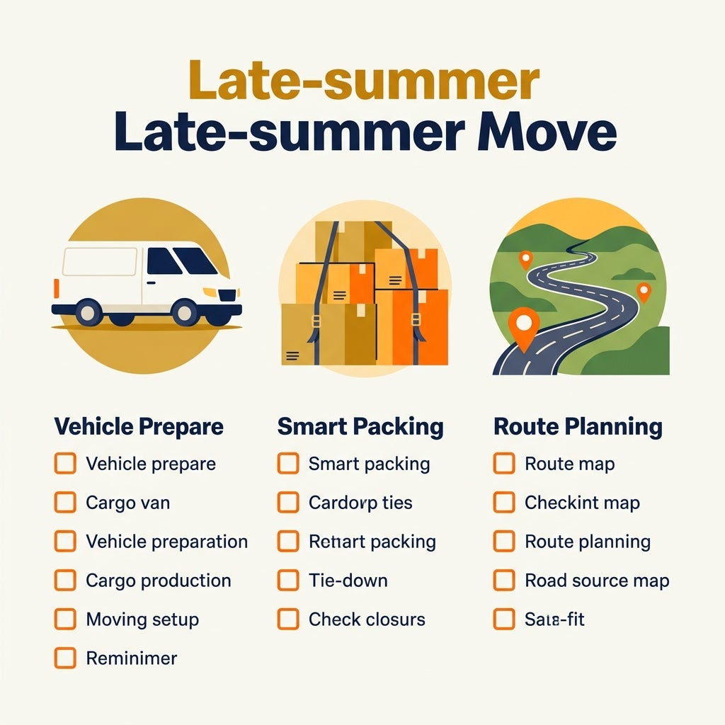 Infographic checklist titled 'Late-summer Move' with columns for vehicle preparation, packing, and route planning. (Representative image for illustration purposes only. Actual vehicle may vary based on trim and configuration.)