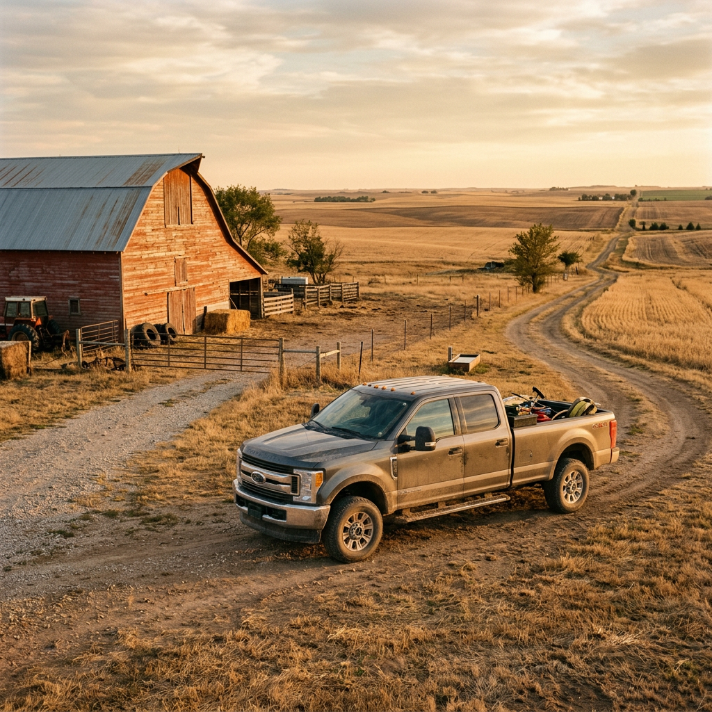 A gray pickup truck parked on a dirt path next to a weathered red barn in a rural countryside landscape. (Representative image for illustration purposes only. Actual vehicle may vary based on trim and configuration.)