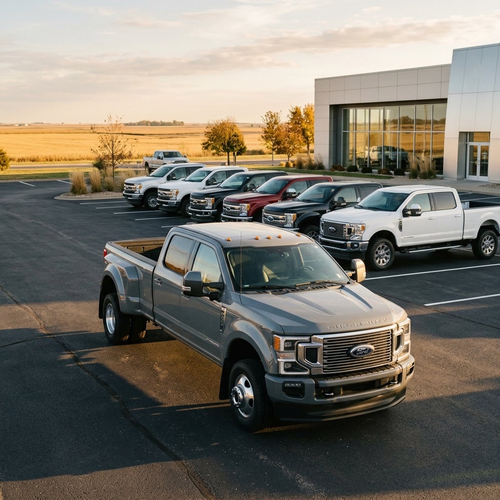 A gray Ford Super Duty dually truck parked in front of a row of other colorful Ford trucks at a dealership. (Representative image for illustration purposes only. Actual vehicle may vary based on trim and configuration.)