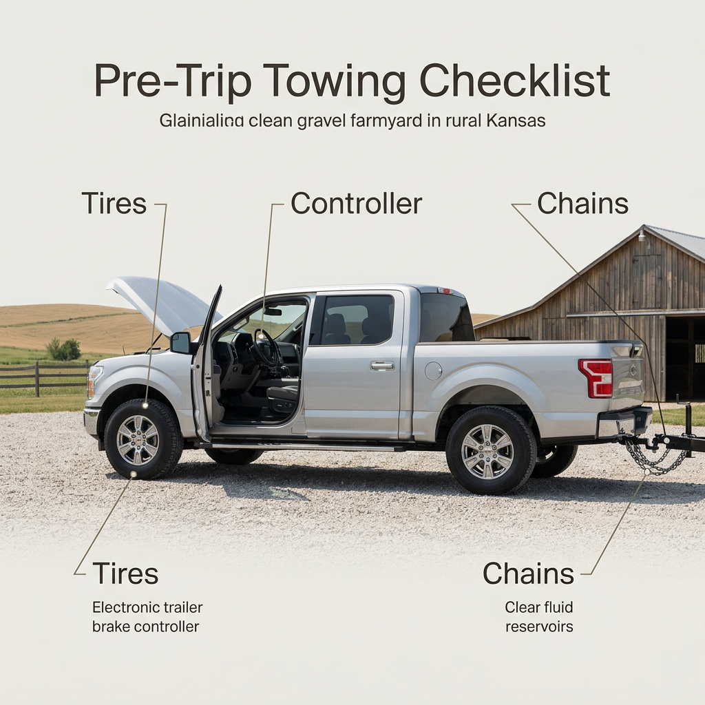 Infographic titled "Pre-Trip Towing Checklist" showing a silver pickup truck with misaligned labeling diagrams. (Representative image for illustration purposes only. Actual vehicle may vary based on trim and configuration.)