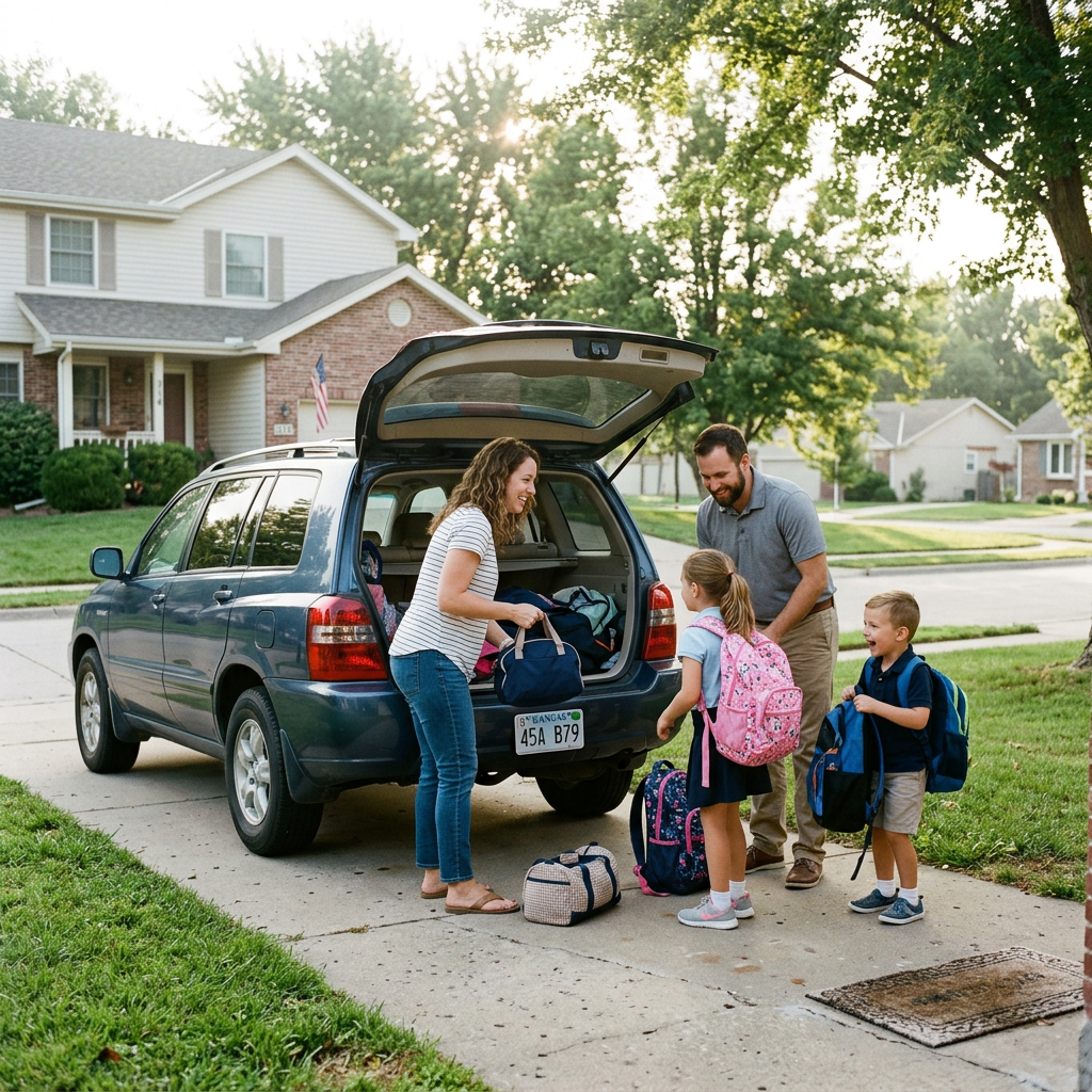 A family of four loading bags into the trunk of an SUV parked in a driveway on a sunny day. (Representative image for illustration purposes only. Actual vehicle may vary based on trim and configuration.)