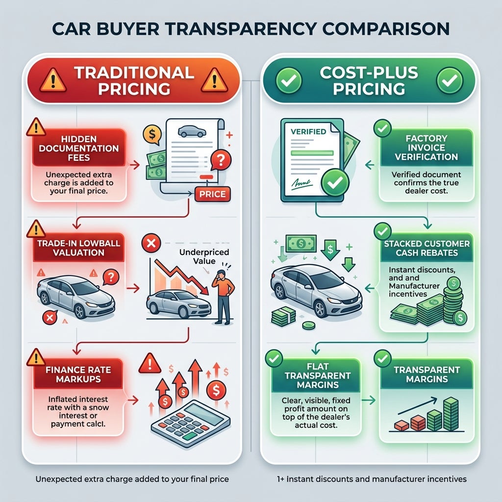 Infographic comparing traditional car pricing with cost-plus pricing, highlighting hidden fees versus transparent margins. (Representative image for illustration purposes only. Actual vehicle may vary based on trim and configuration.)