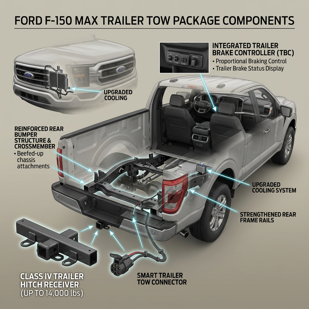 Diagram showing the key components of the Ford F-150 Max Trailer Tow Package on a semi-transparent truck illustration. (Representative image for illustration purposes only. Actual vehicle may vary based on trim and configuration.)