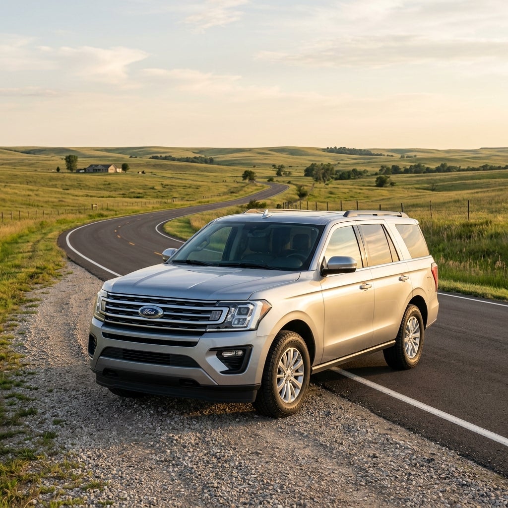 Silver Ford Expedition parked on a gravel shoulder along a winding rural road in rolling green hills at golden hour. (Representative image for illustration purposes only. Actual vehicle may vary based on trim and configuration.)