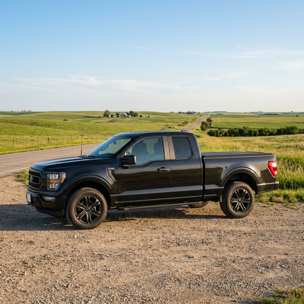 A black Ford F-150 pickup truck parked on a gravel pull-off along a rural country road in summer fields. (Representative image for illustration purposes only. Actual vehicle may vary based on trim and configuration.)