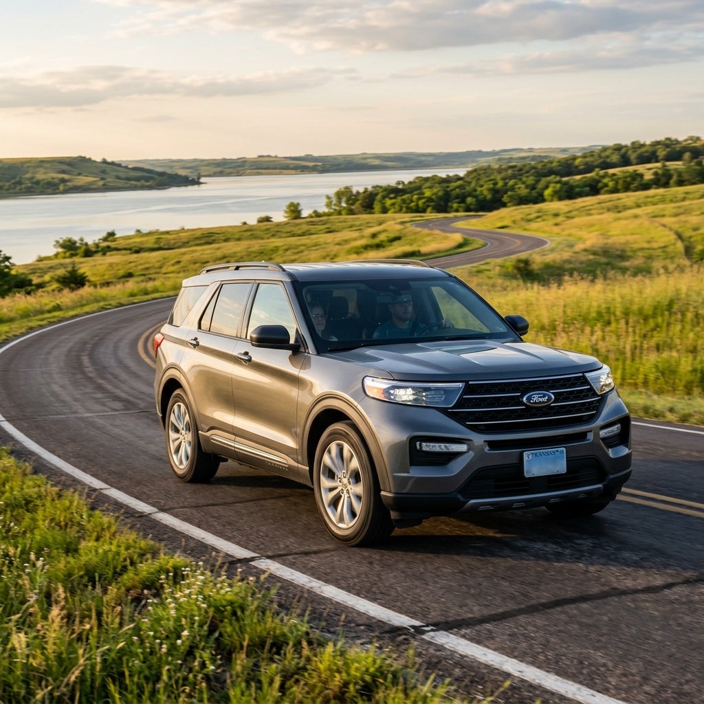 A metallic gray Ford Explorer drives on a winding scenic road through green hills alongside a lake at sunset. (Representative image for illustration purposes only. Actual vehicle may vary based on trim and configuration.)
