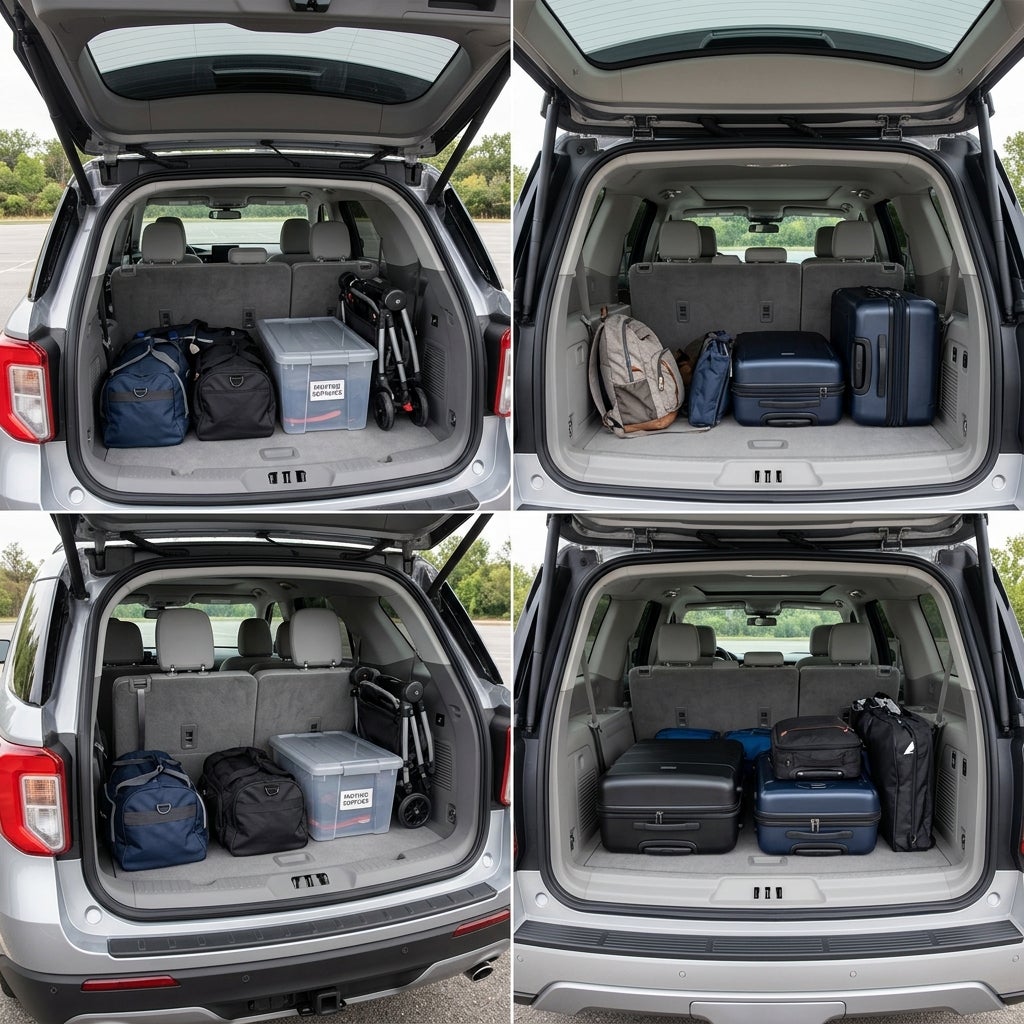 Four-panel grid showing an SUV trunk packed with various luggage, strollers, and storage bins to test space. (Representative image for illustration purposes only. Actual vehicle may vary based on trim and configuration.)