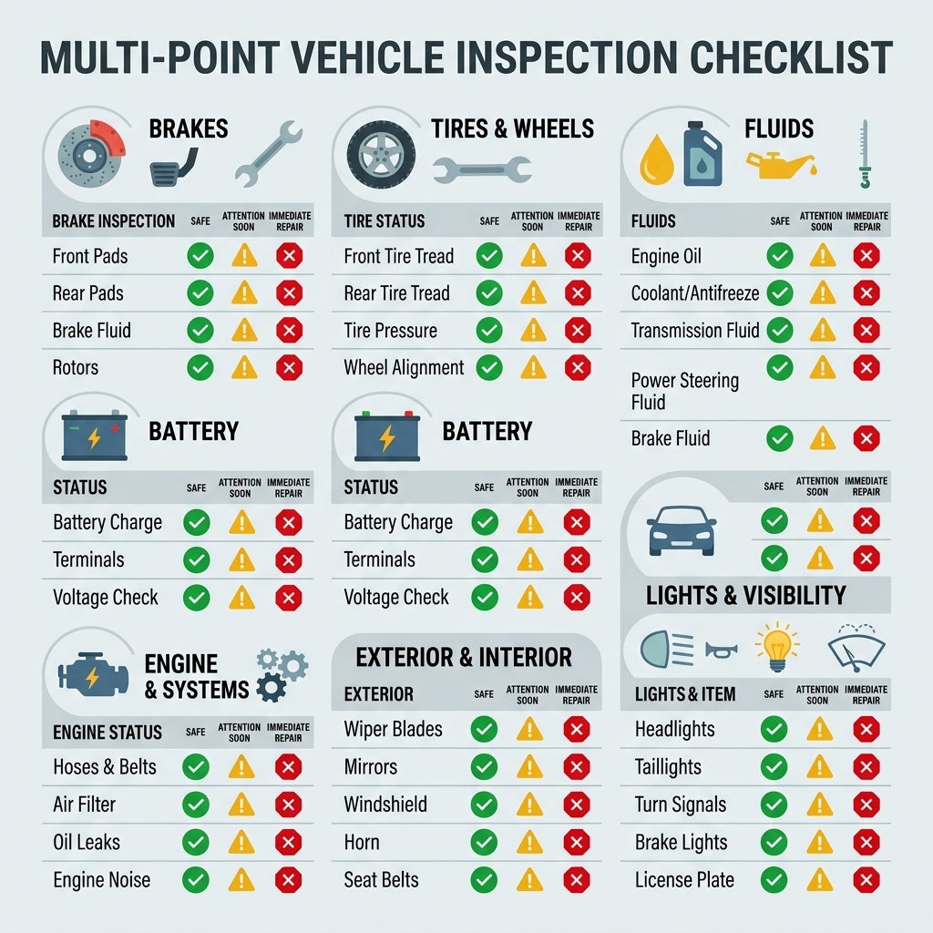 A vehicle inspection checklist diagram categorized by brakes, tires, fluids, battery, engine, interior, and lights. (Representative image for illustration purposes only. Actual vehicle may vary based on trim and configuration.)