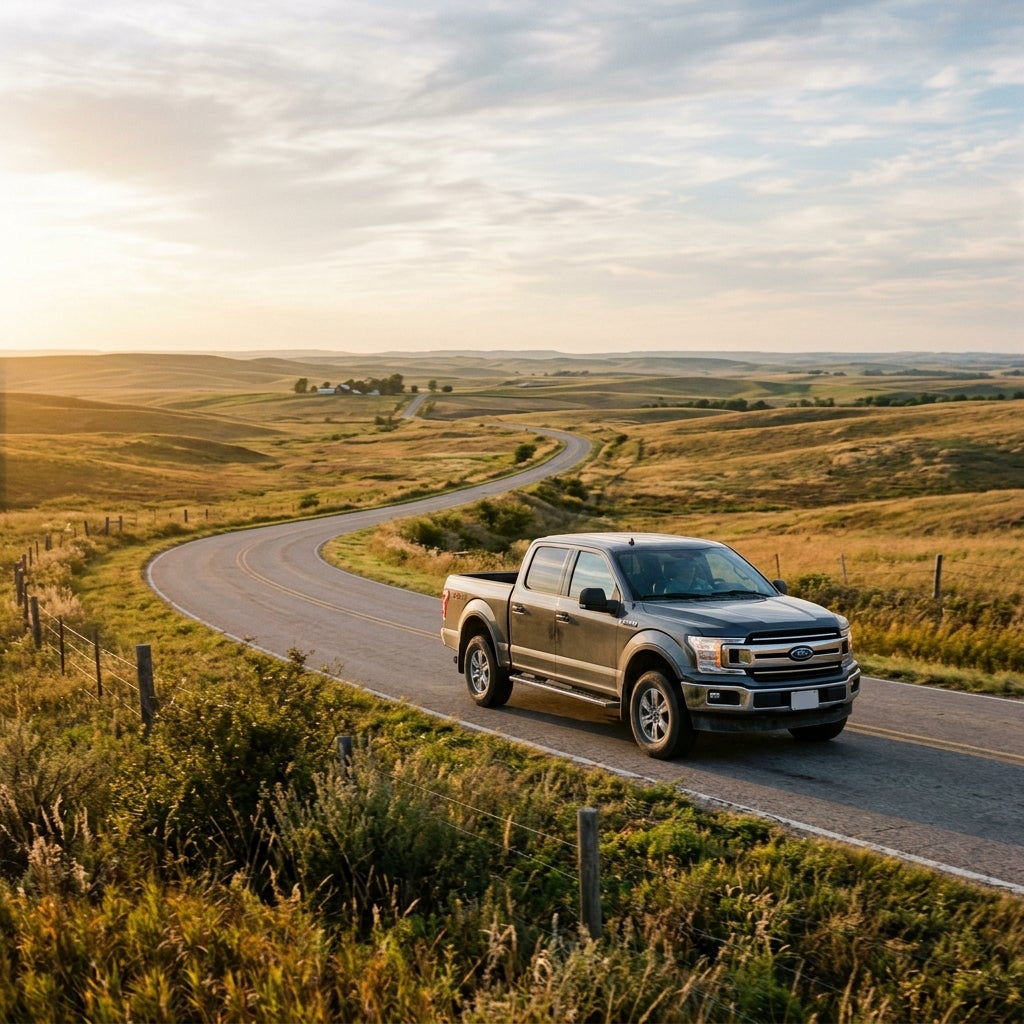 A gray Ford F-150 pickup truck driving along a winding asphalt road through rolling rural hills at golden hour. (Representative image for illustration purposes only. Actual vehicle may vary based on trim and configuration.)