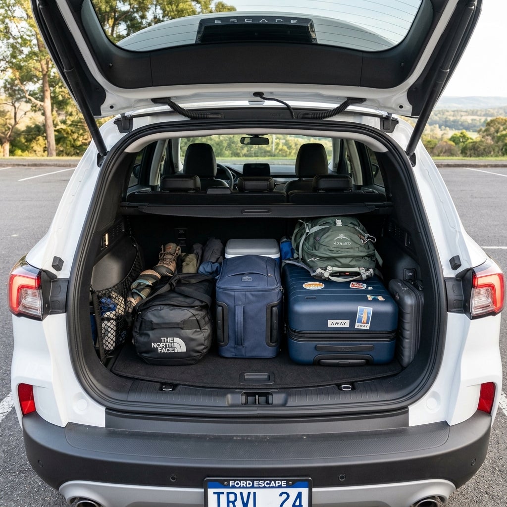 Open trunk of a white Ford Escape packed with suitcases, a duffel bag, and hiking gear for a trip. (Representative image for illustration purposes only. Actual vehicle may vary based on trim and configuration.)