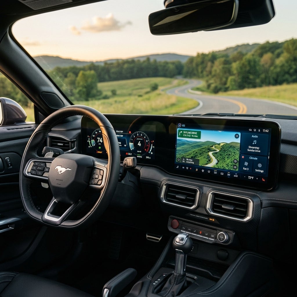 Interior of a modern Ford Mustang showing dual digital screens and a winding country road through the windshield. (Representative image for illustration purposes only. Actual vehicle may vary based on trim and configuration.)