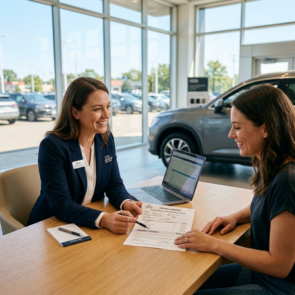 A female car salesperson reviewing a purchase agreement with a smiling customer sitting at a desk. (Representative image for illustration purposes only. Actual vehicle may vary based on trim and configuration.)