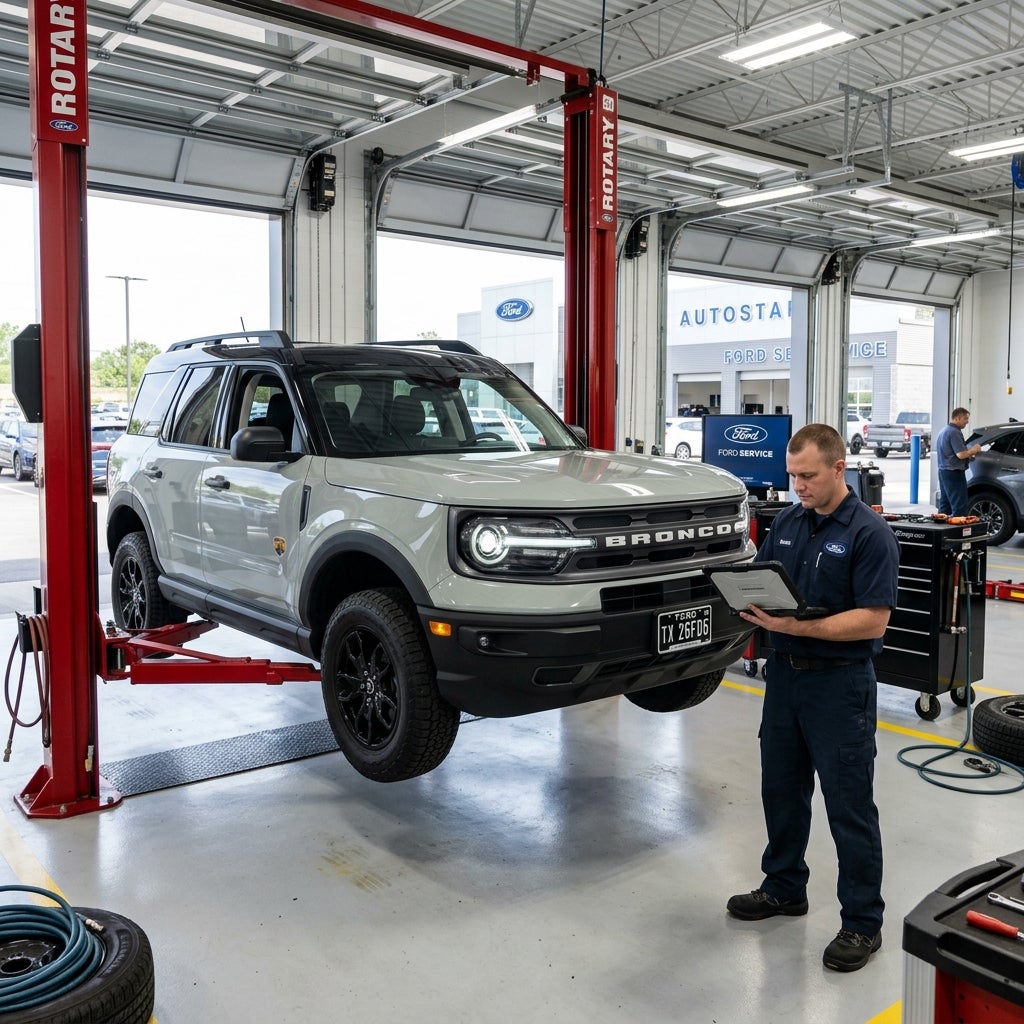 A technician using a diagnostic tablet beside a light gray Ford Bronco Sport elevated on a red hydraulic car lift. (Representative image for illustration purposes only. Actual vehicle may vary based on trim and configuration.)