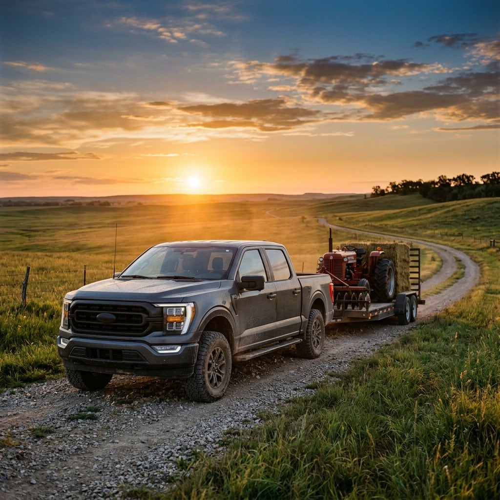 Grey pickup truck towing a trailer with a red tractor on a gravel road in a field at sunset. (Representative image for illustration purposes only. Actual vehicle may vary based on trim and configuration.)