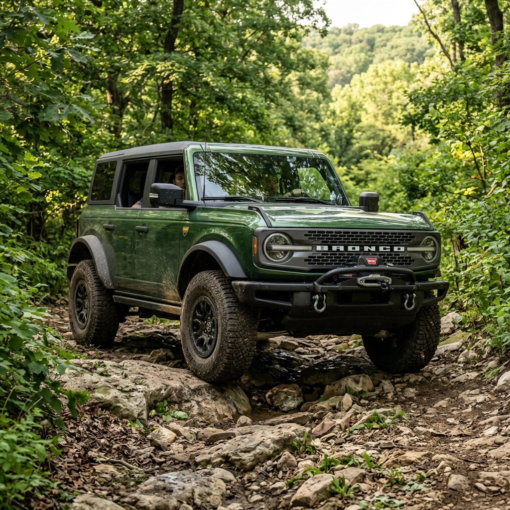 Green Ford Bronco navigating a rocky off-road trail in a dense forest. (Representative image for illustration purposes only. Actual vehicle may vary based on trim and configuration.)