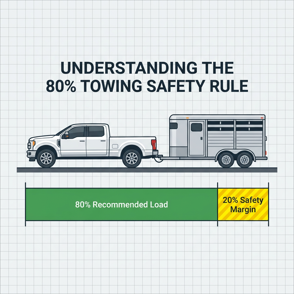 Infographic explaining the 80% towing safety rule, showing a truck towing a trailer with a 20% safety margin. (Representative image for illustration purposes only. Actual vehicle may vary based on trim and configuration.)