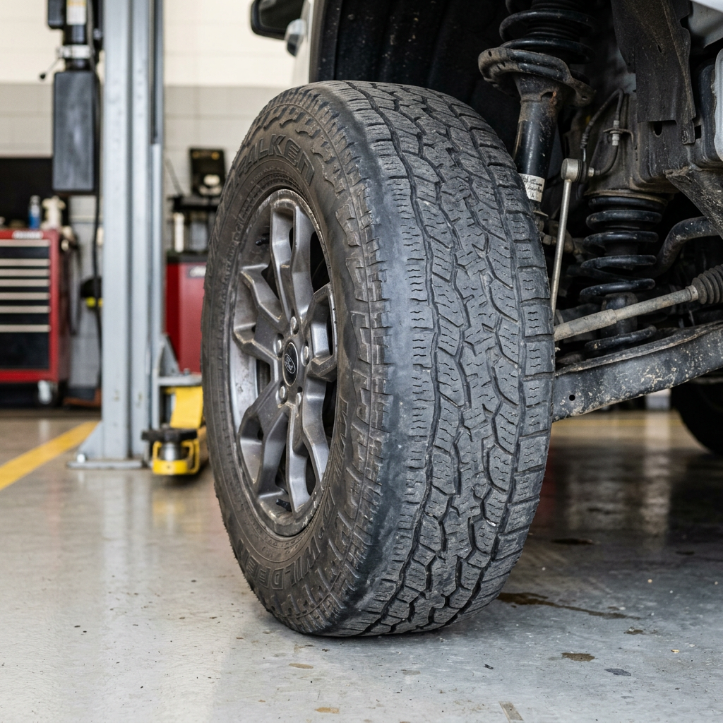 A close-up of an all-terrain tire on a vehicle parked inside an auto repair shop. (Representative image for illustration purposes only. Actual vehicle may vary based on trim and configuration.)