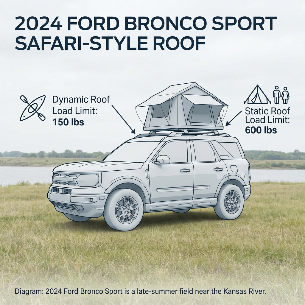 Diagram showing the dynamic and static roof load limits of a 2024 Ford Bronco Sport with safari-style roof. (Representative image for illustration purposes only. Actual vehicle may vary based on trim and configuration.)
