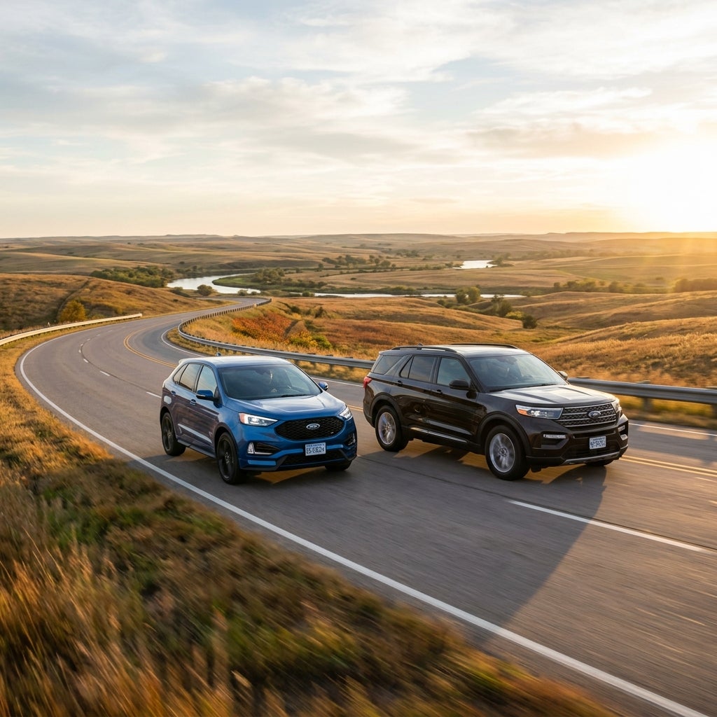 A blue Ford Edge and a dark Ford Explorer drive side-by-side along a winding road through golden rolling hills. (Representative image for illustration purposes only. Actual vehicle may vary based on trim and configuration.)