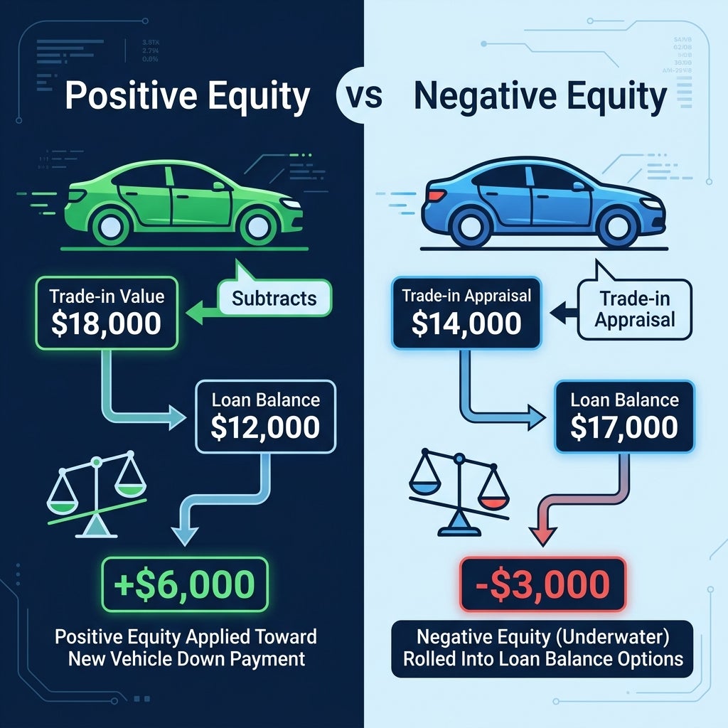 Diagram comparing positive vehicle equity of plus 6,000 dollars versus negative equity of minus 3,000 dollars. (Representative image for illustration purposes only. Actual vehicle may vary based on trim and configuration.)
