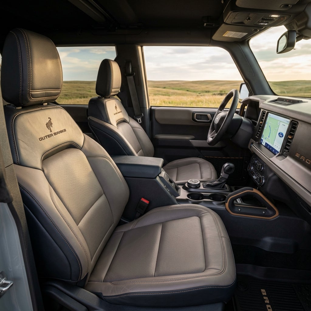 Front seats and dashboard interior of a Ford Bronco Outer Banks SUV with leather upholstery and touchscreen. (Representative image for illustration purposes only. Actual vehicle may vary based on trim and configuration.)
