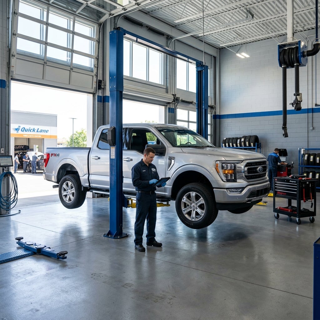 A mechanic using a digital tablet beside a silver pickup truck raised on a hydraulic lift in a service bay. (Representative image for illustration purposes only. Actual vehicle may vary based on trim and configuration.)
