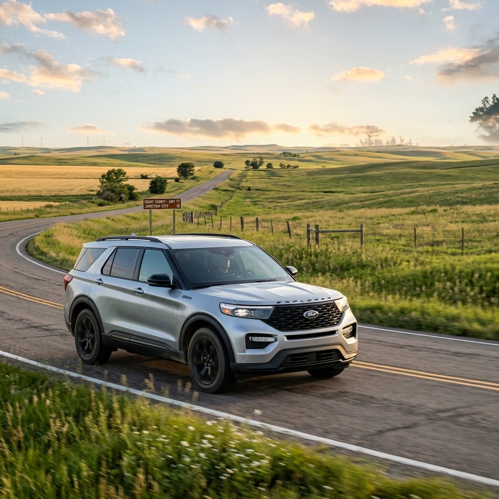 Silver Ford Explorer driving along a winding rural road through rolling green hills during golden hour. (Representative image for illustration purposes only. Actual vehicle may vary based on trim and configuration.)