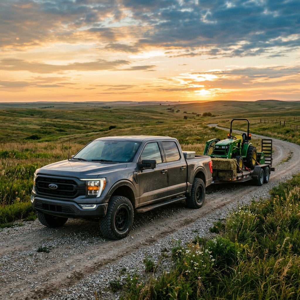 Gray Ford F-150 truck towing a trailer with a green tractor on a gravel path in rolling hills at sunset. (Representative image for illustration purposes only. Actual vehicle may vary based on trim and configuration.)