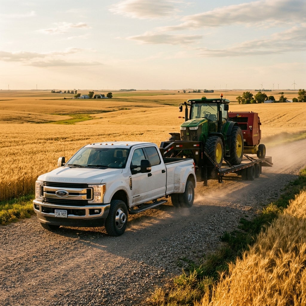 White Ford pickup truck towing a trailer with a green tractor through a golden wheat field at golden hour. (Representative image for illustration purposes only. Actual vehicle may vary based on trim and configuration.)