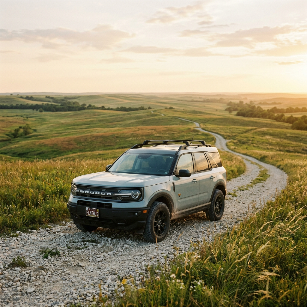 A silver Ford Bronco Sport parked on a gravel trail winding through rolling green hills at sunset. (Representative image for illustration purposes only. Actual vehicle may vary based on trim and configuration.)