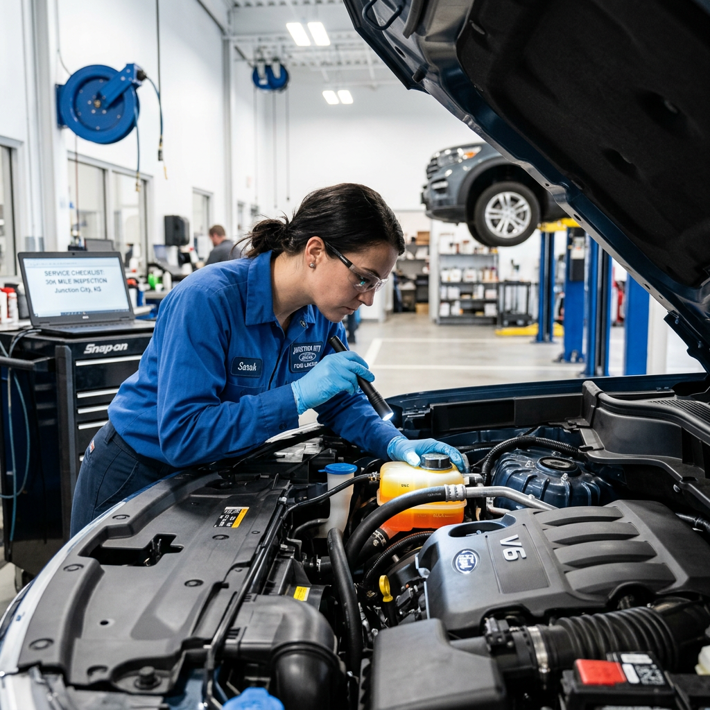 A female automotive technician in a blue uniform inspects a car engine with a flashlight in a modern garage. (Representative image for illustration purposes only. Actual vehicle may vary based on trim and configuration.)