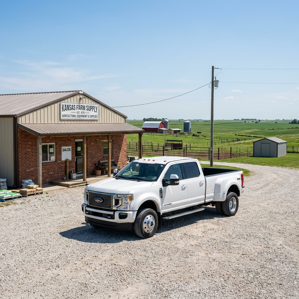 A white Ford Super Duty dually truck parked in front of a rural Kansas Farm Supply building. (Representative image for illustration purposes only. Actual vehicle may vary based on trim and configuration.)