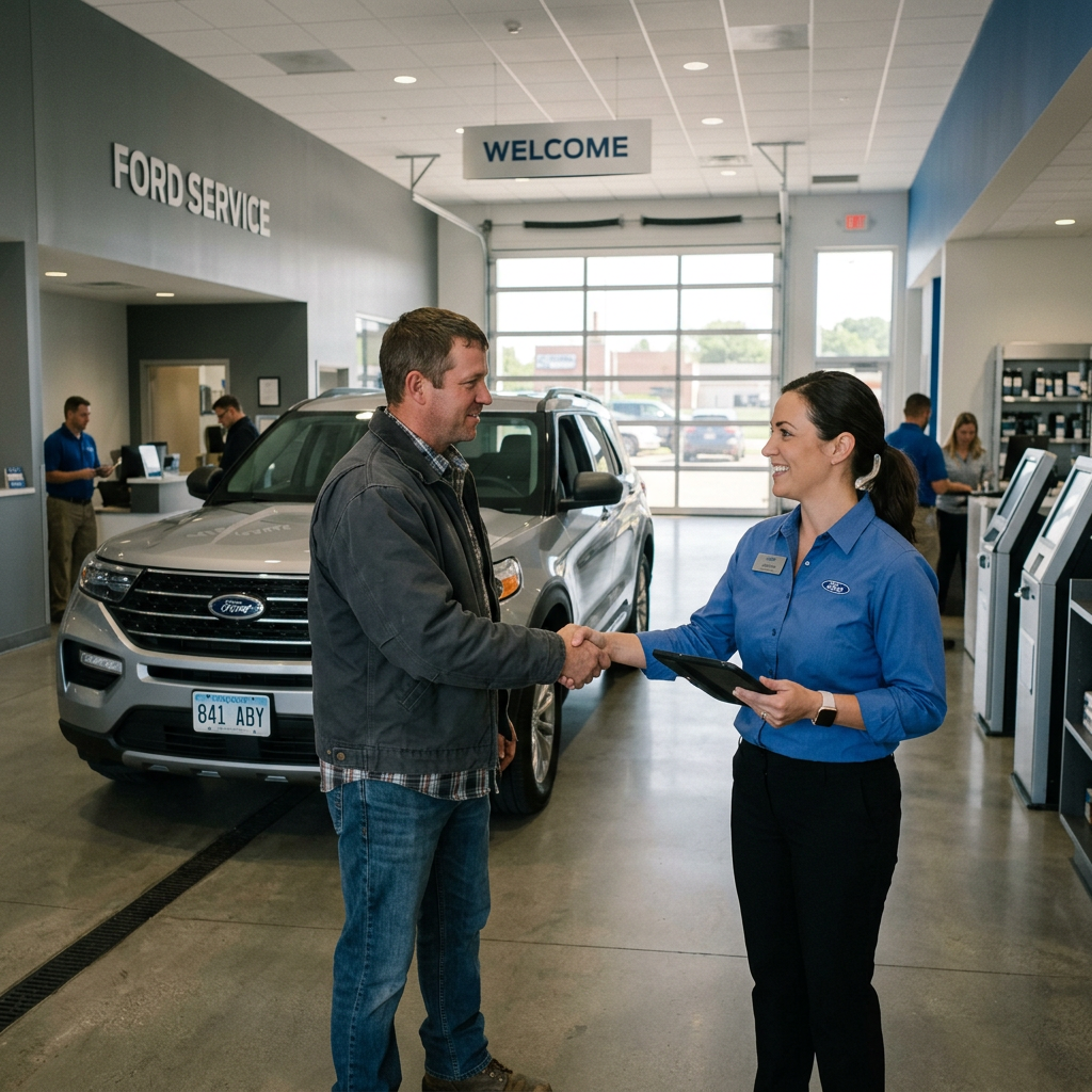 A service advisor in a blue Ford uniform shakes hands with a male customer in front of a silver Ford SUV. (Representative image for illustration purposes only. Actual vehicle may vary based on trim and configuration.)