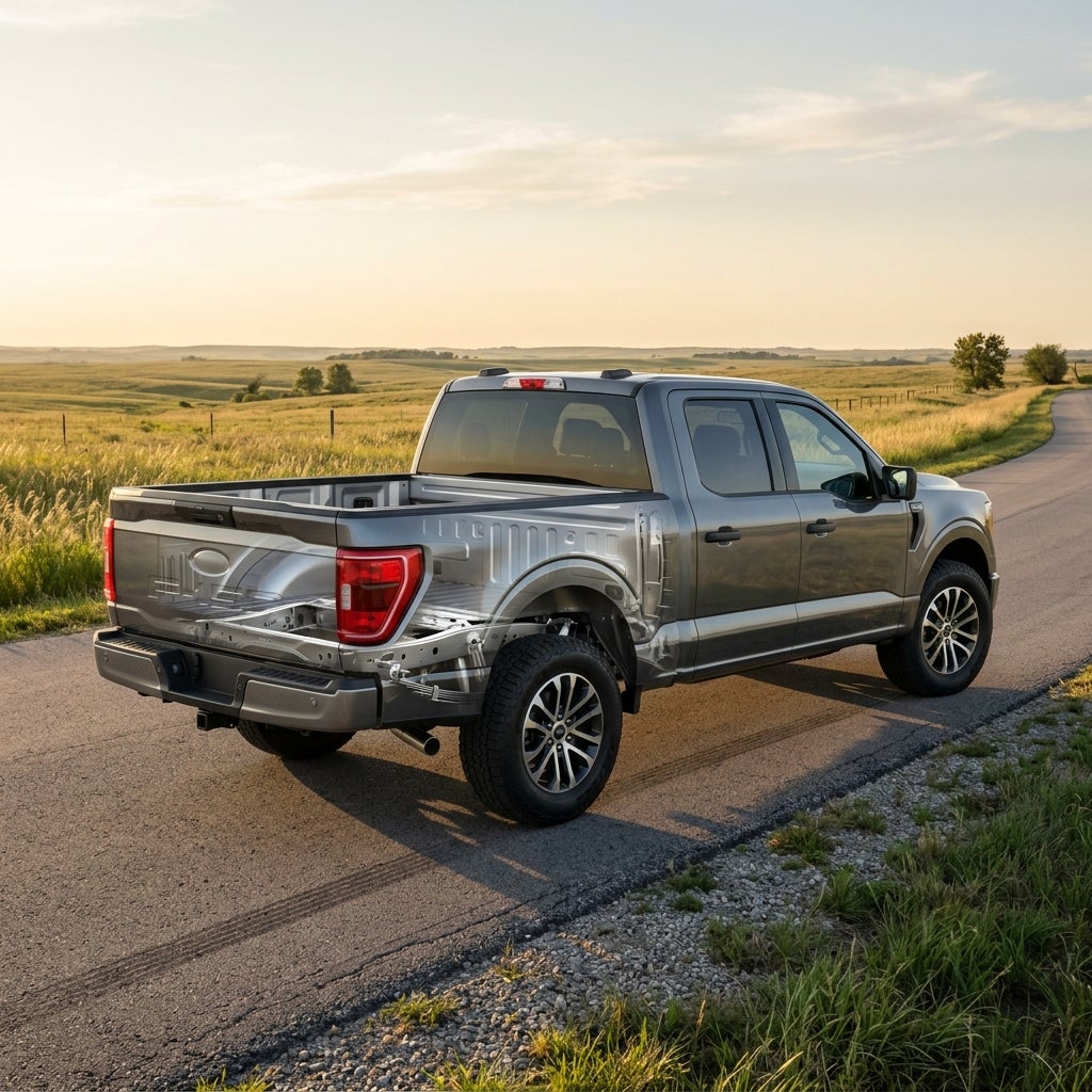 Grey pickup truck on a rural road featuring an X-ray cutaway view of its rear frame and bed structure. (Representative image for illustration purposes only. Actual vehicle may vary based on trim and configuration.)