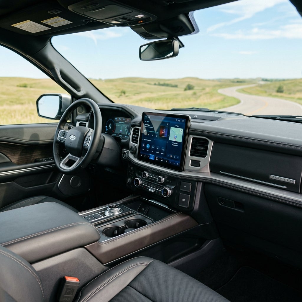 Interior view of a modern luxury truck cabin featuring a large digital screen while driving along a scenic country road. (Representative image for illustration purposes only. Actual vehicle may vary based on trim and configuration.)