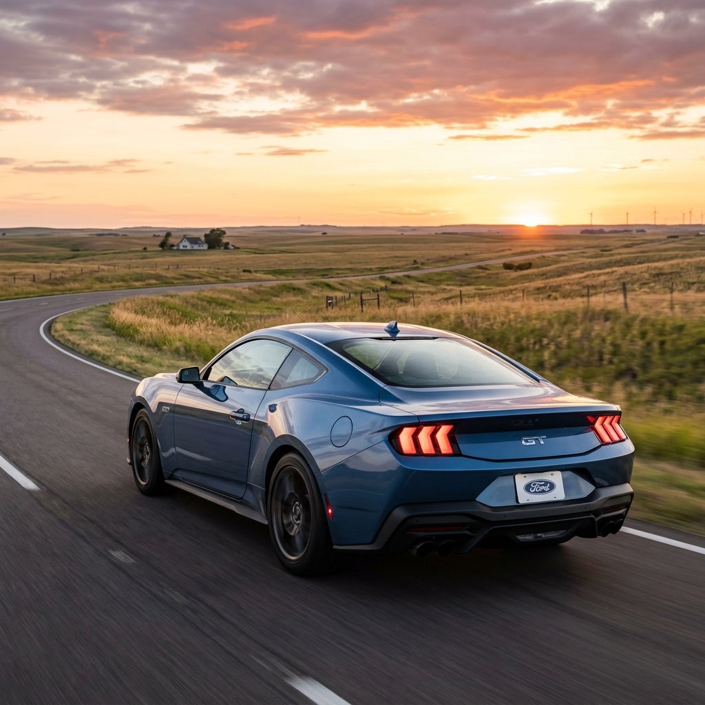 A blue Ford Mustang GT driving along a winding rural road during a warm sunset. (Representative image for illustration purposes only. Actual vehicle may vary based on trim and configuration.)