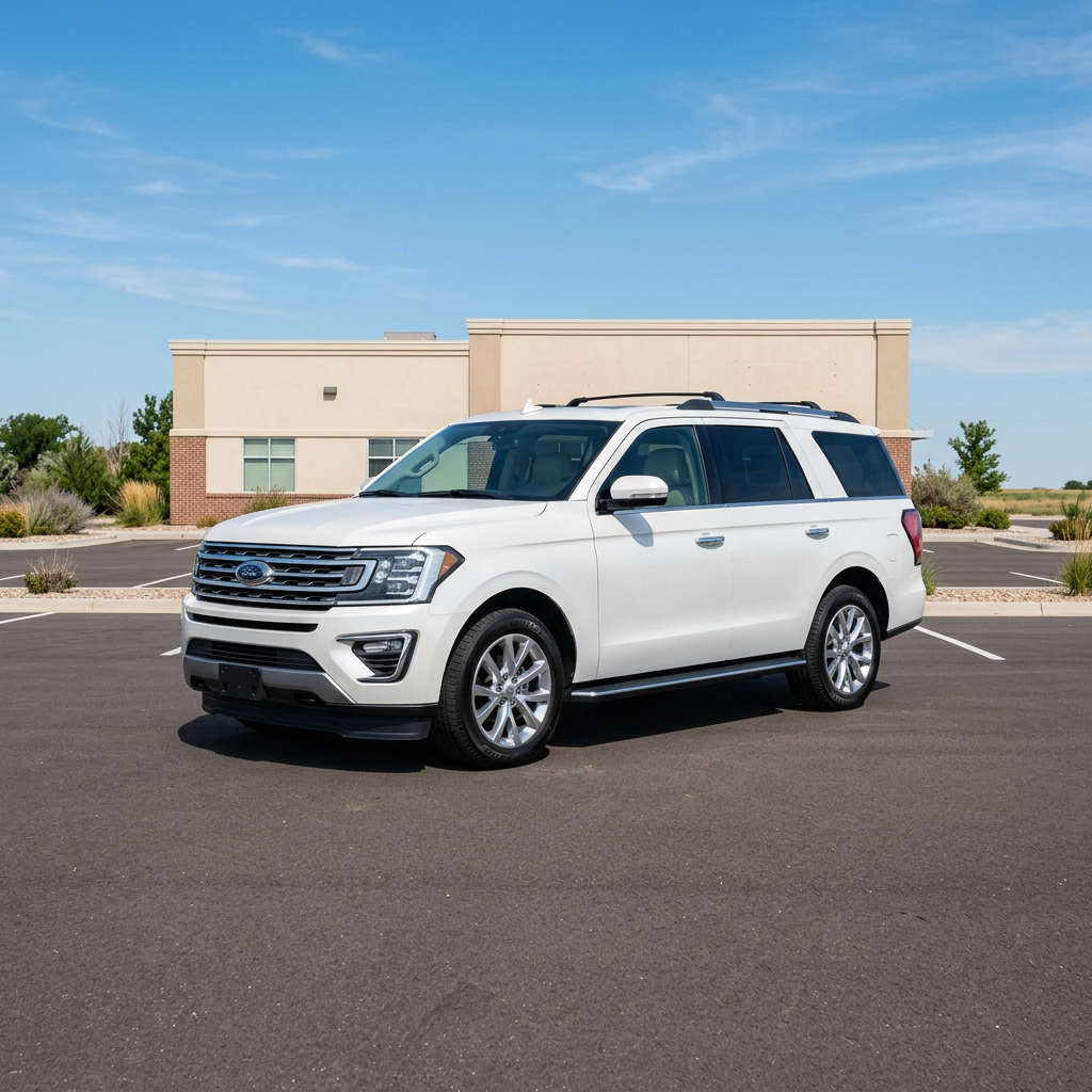 A white Ford Expedition parked in an empty asphalt parking lot on a sunny day. (Representative image for illustration purposes only. Actual vehicle may vary based on trim and configuration.)