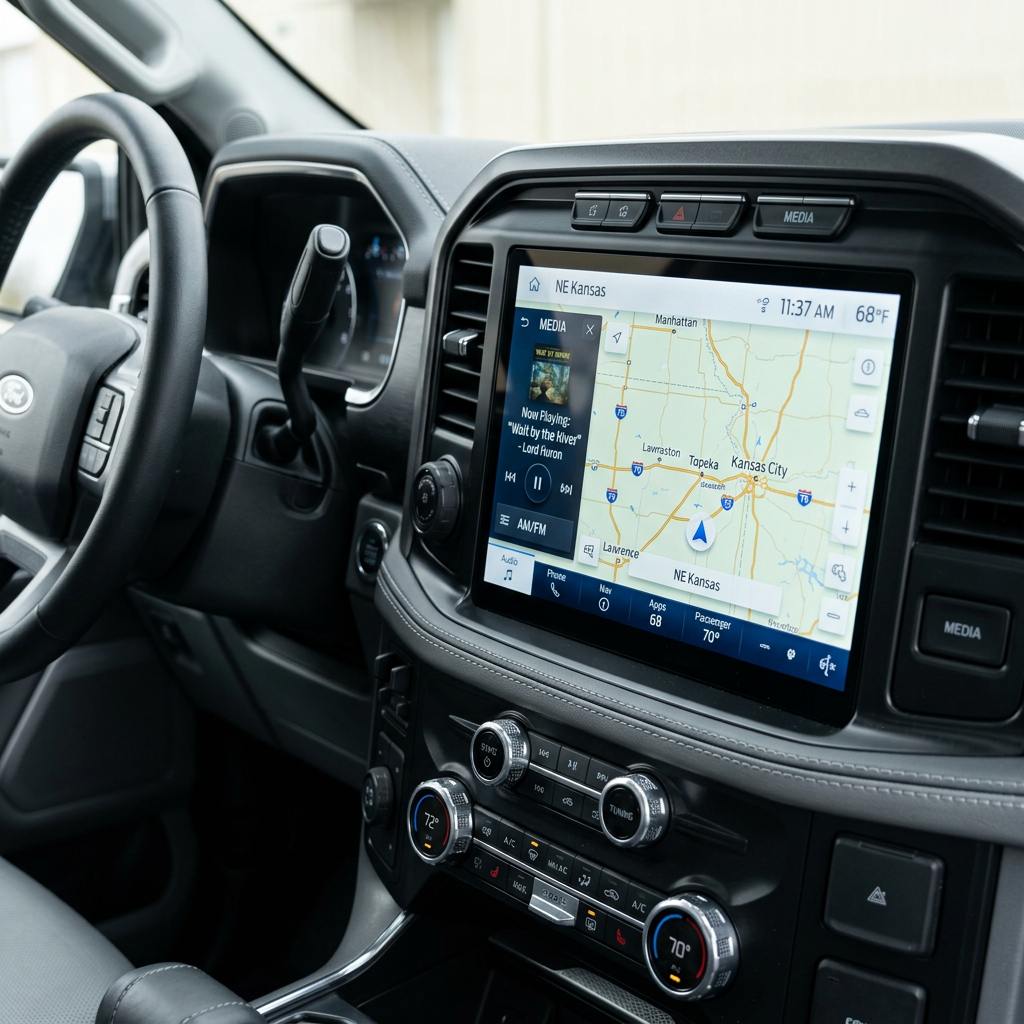 Ford F-150 dashboard featuring a large touchscreen displaying a navigation map of Northeast Kansas. (Representative image for illustration purposes only. Actual vehicle may vary based on trim and configuration.)