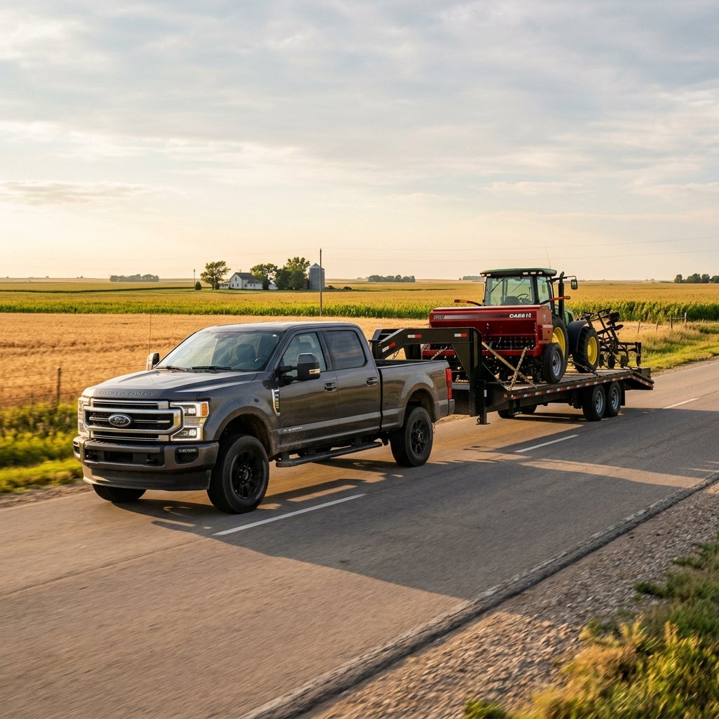 A dark grey Ford Super Duty pickup truck towing a gooseneck trailer with farm equipment down a rural road. (Representative image for illustration purposes only. Actual vehicle may vary based on trim and configuration.)