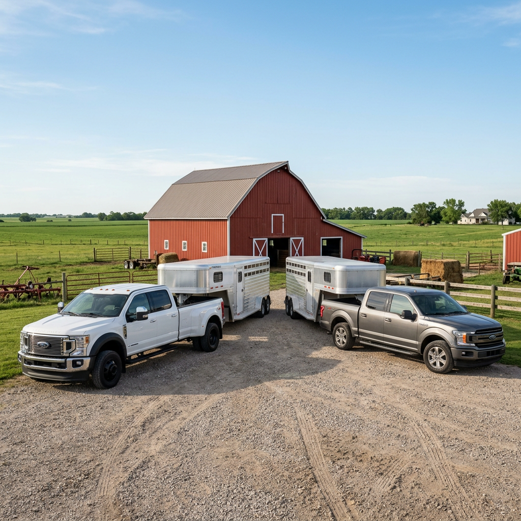 A white and a grey Ford pickup truck pulling silver horse trailers on a gravel driveway in front of a red barn. (Representative image for illustration purposes only. Actual vehicle may vary based on trim and configuration.)