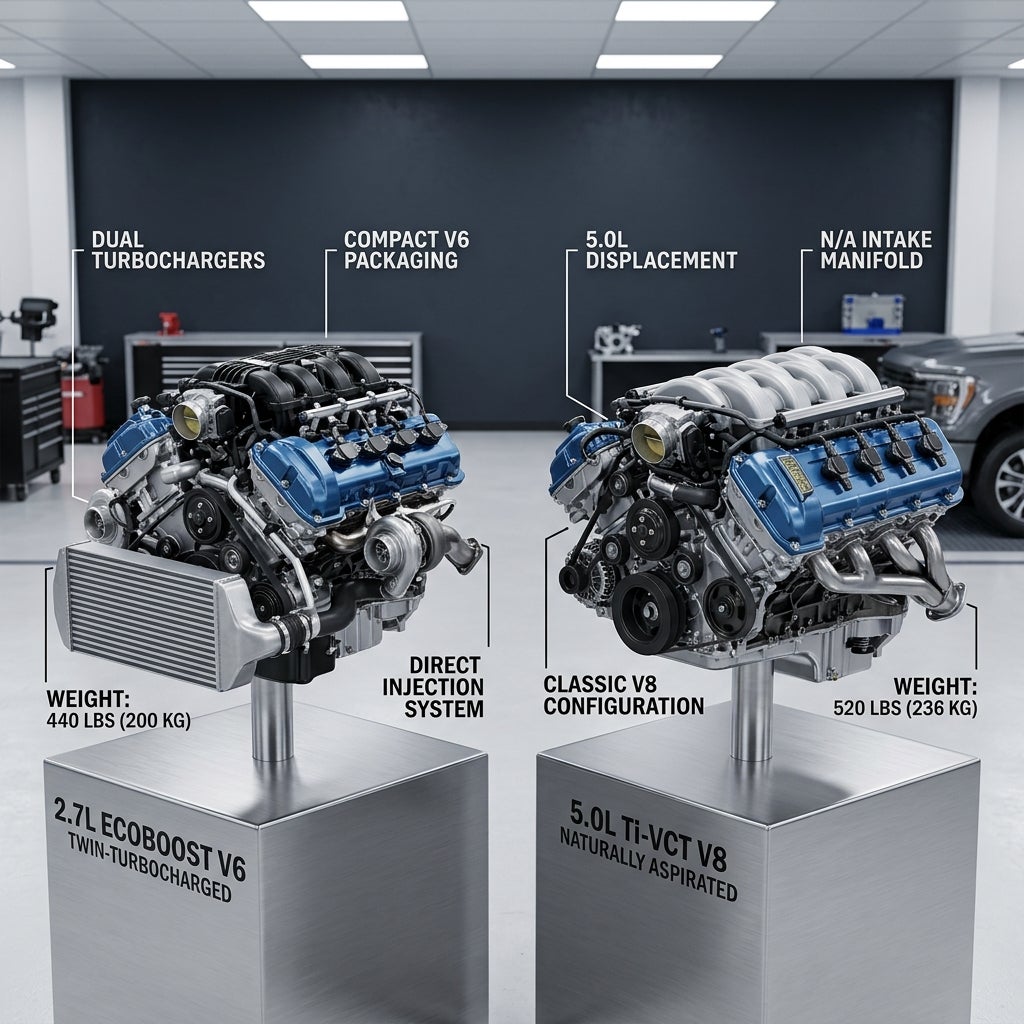 Side-by-side display comparing a 2.7L EcoBoost V6 engine and a 5.0L Ti-VCT V8 engine with key specs labeled. (Representative image for illustration purposes only. Actual vehicle may vary based on trim and configuration.)