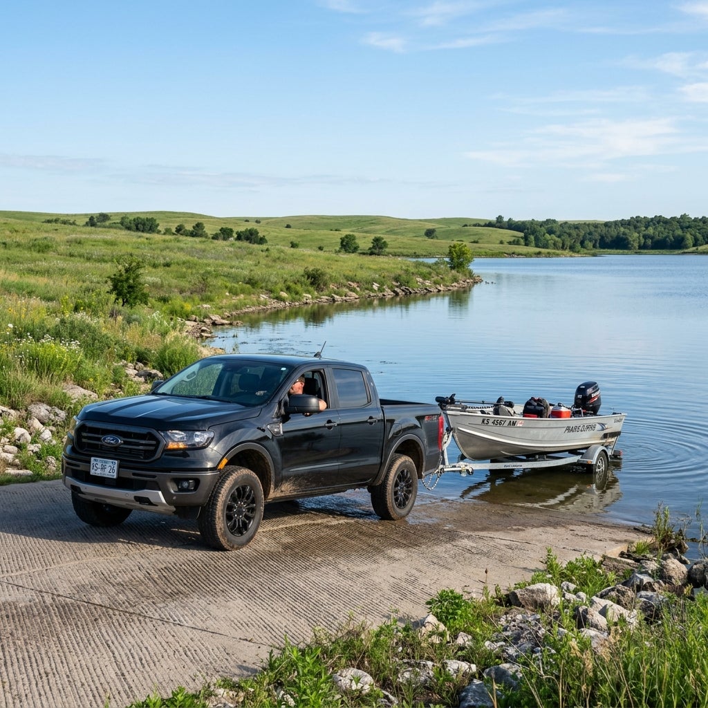 A black pickup truck backing an aluminum boat on a trailer down a concrete ramp into a calm lake. (Representative image for illustration purposes only. Actual vehicle may vary based on trim and configuration.)