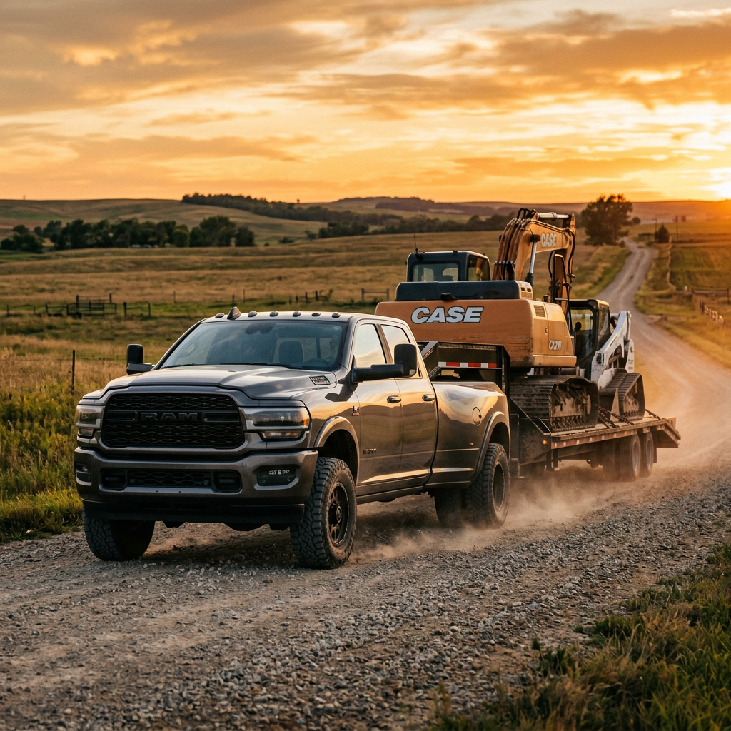 A grey Ram dually truck towing a trailer with a Case excavator down a gravel country road at sunset. (Representative image for illustration purposes only. Actual vehicle may vary based on trim and configuration.)