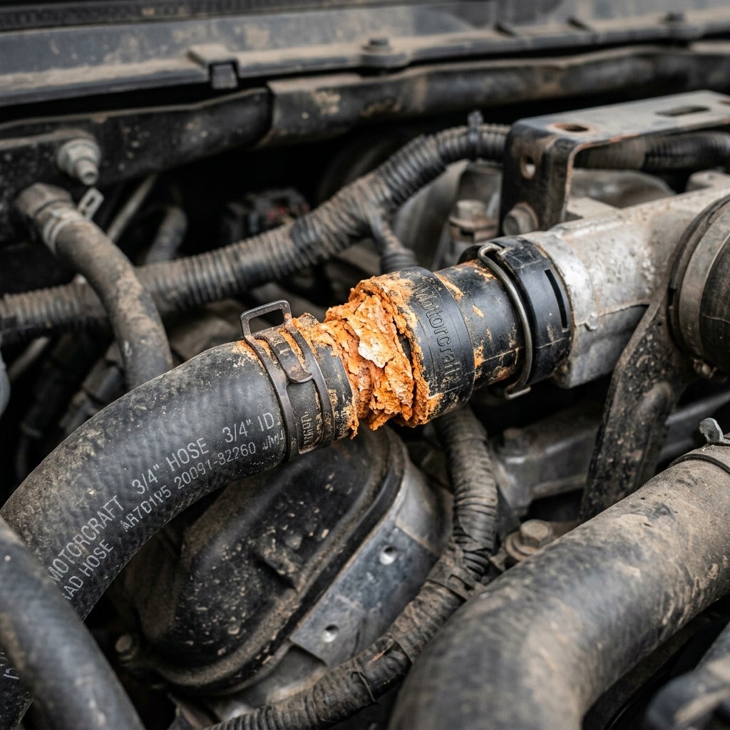 Damaged black rubber engine hose with heavy orange crusty coolant corrosion and metal hose clamp. (Representative image for illustration purposes only. Actual vehicle may vary based on trim and configuration.)