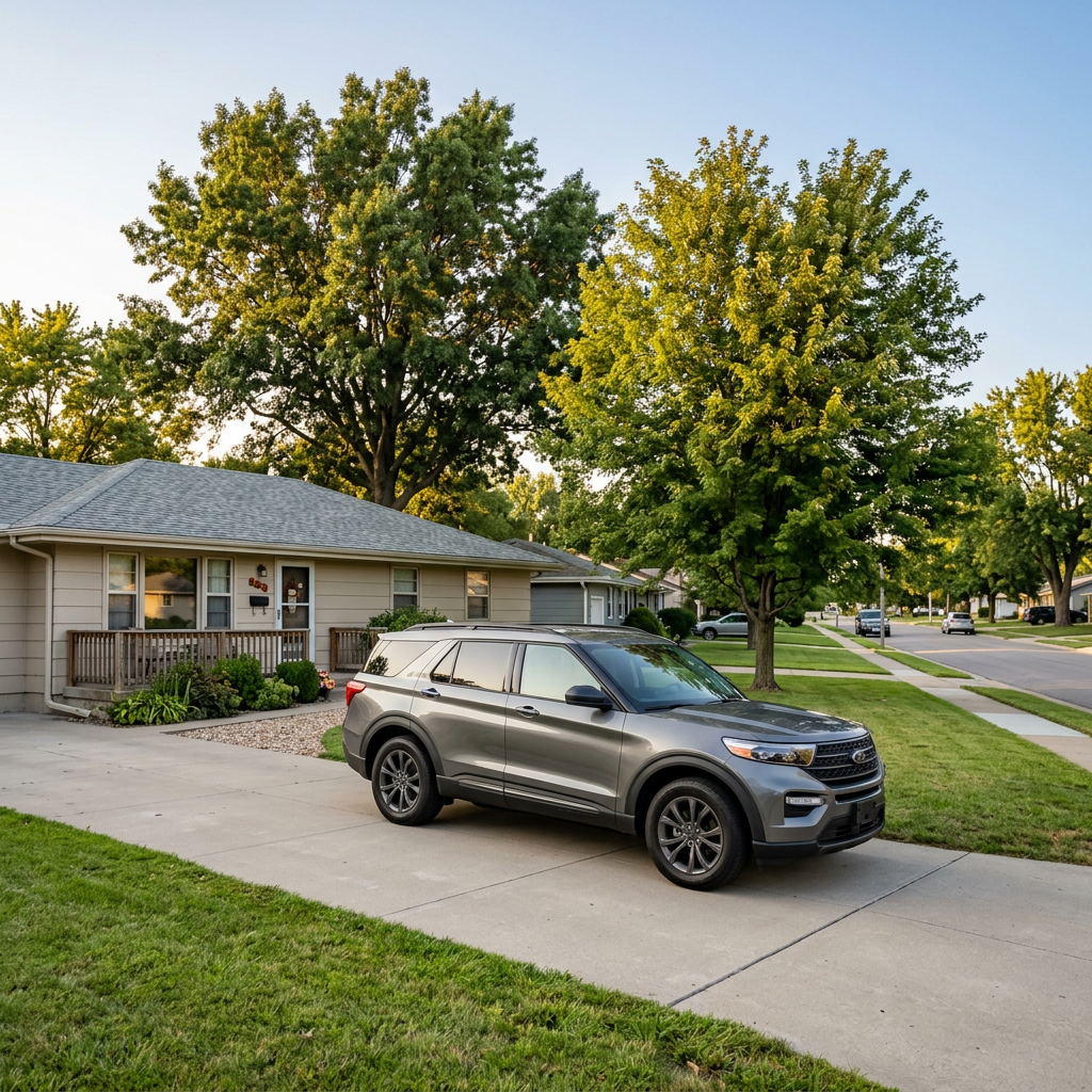 A gray Ford Explorer parked on a concrete driveway of a suburban house. (Representative image for illustration purposes only. Actual vehicle may vary based on trim and configuration.)