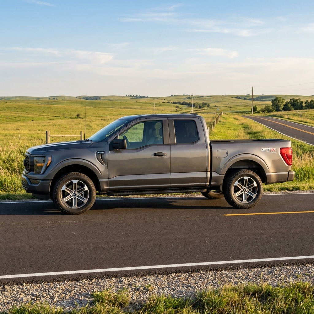 Side profile of a grey Ford F-150 STX pickup truck parked on a country road by green rolling hills. (Representative image for illustration purposes only. Actual vehicle may vary based on trim and configuration.)
